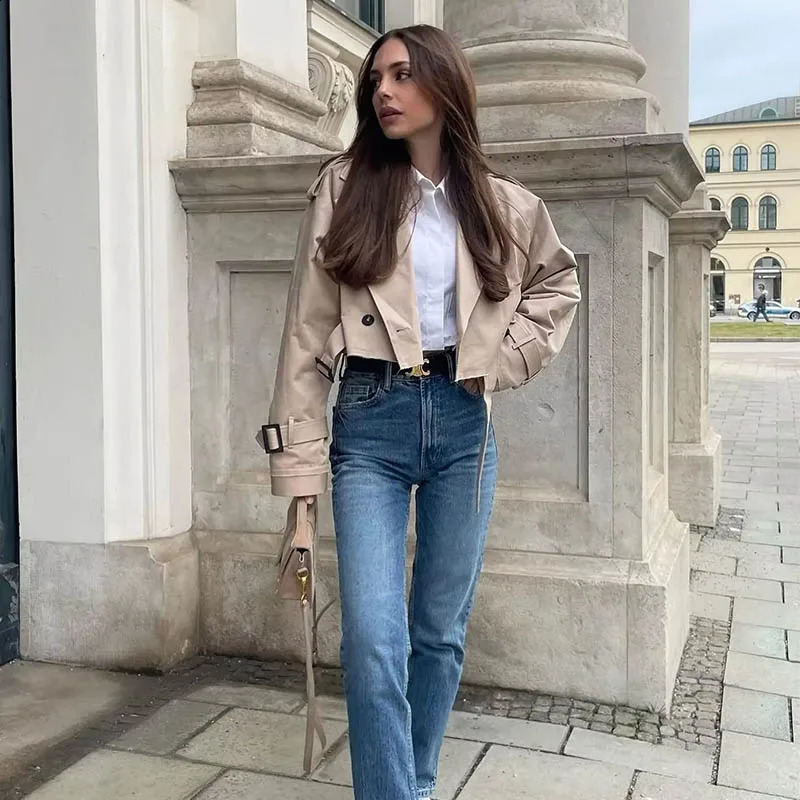 Women Jacket Autumn Fashion Casual Streetwear Button Loose Long Sleeve Tops Female Cropped Trench Coat Outwear 240813