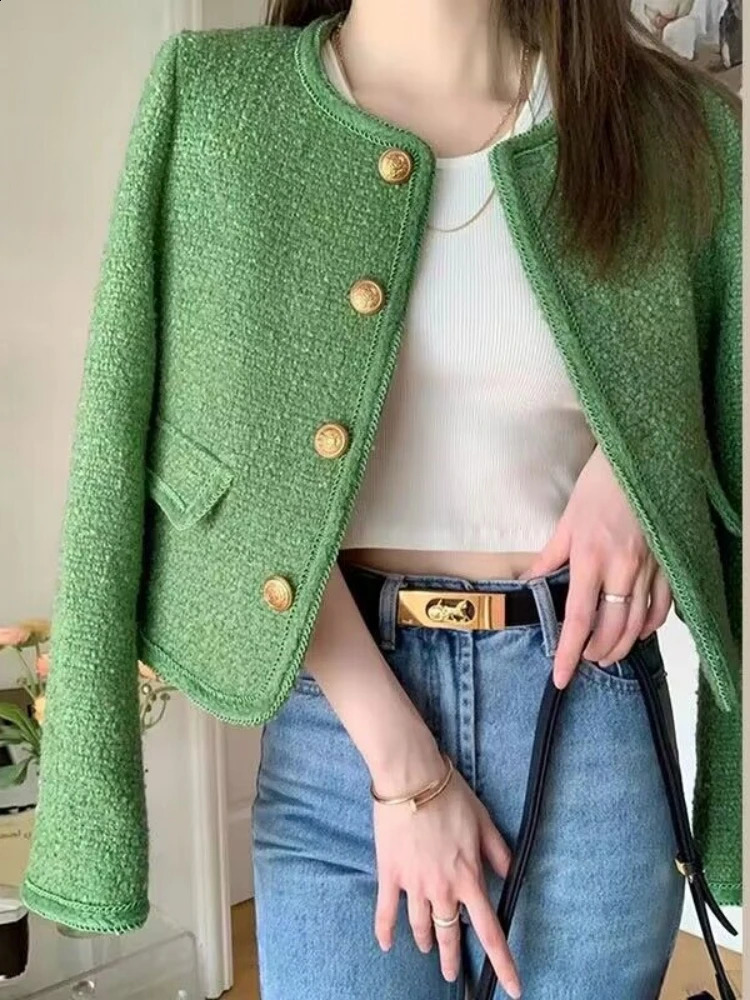Autumn Korean fashion green tweed short sleeved jacket for womens chic long single chest woven top 240813