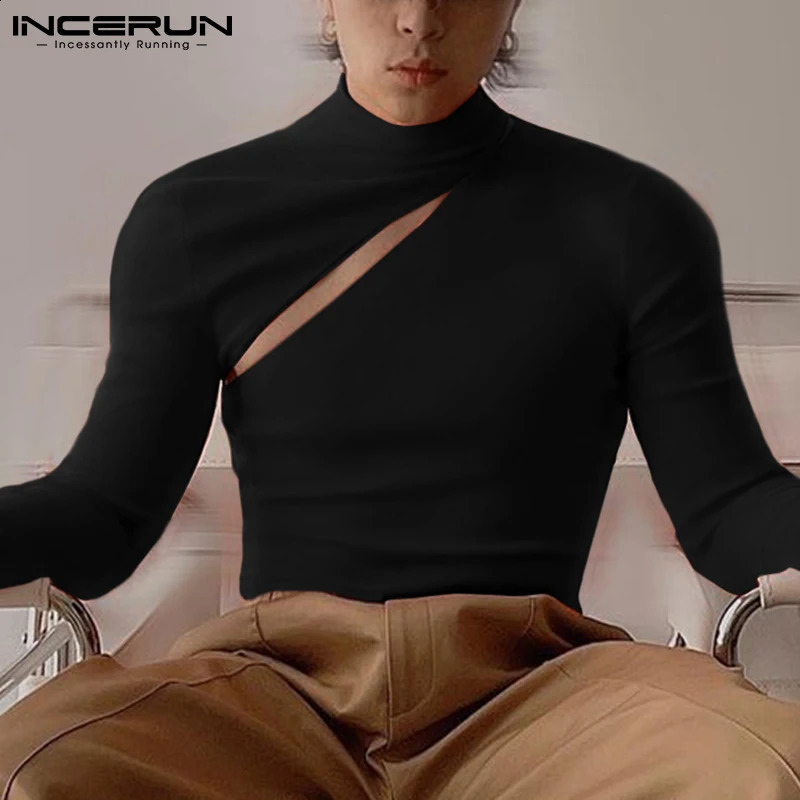 INCERUN Fashion Men T Shirt Turtleneck Solid Color Long Sleeve Hollow Out Casual Men Clothing Streetwear Sexy Camisetas S-5XL 240814
