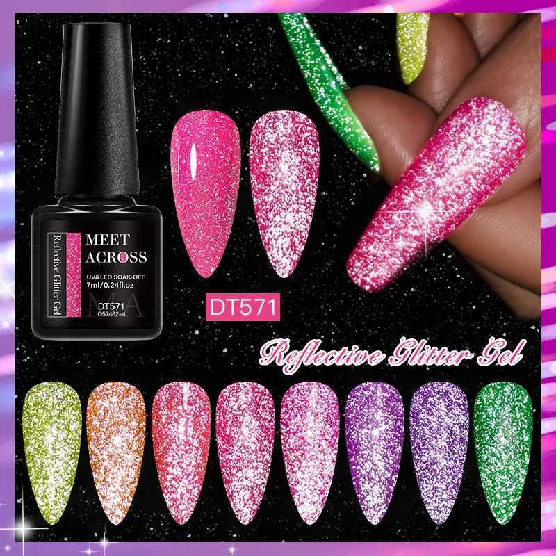 MEET ACROSS 7ml Reflective Fluorescent Gel Nail Polish Flashy Glitter Semi Permanent Varnish For Manicures Need Base Top CoatM240814