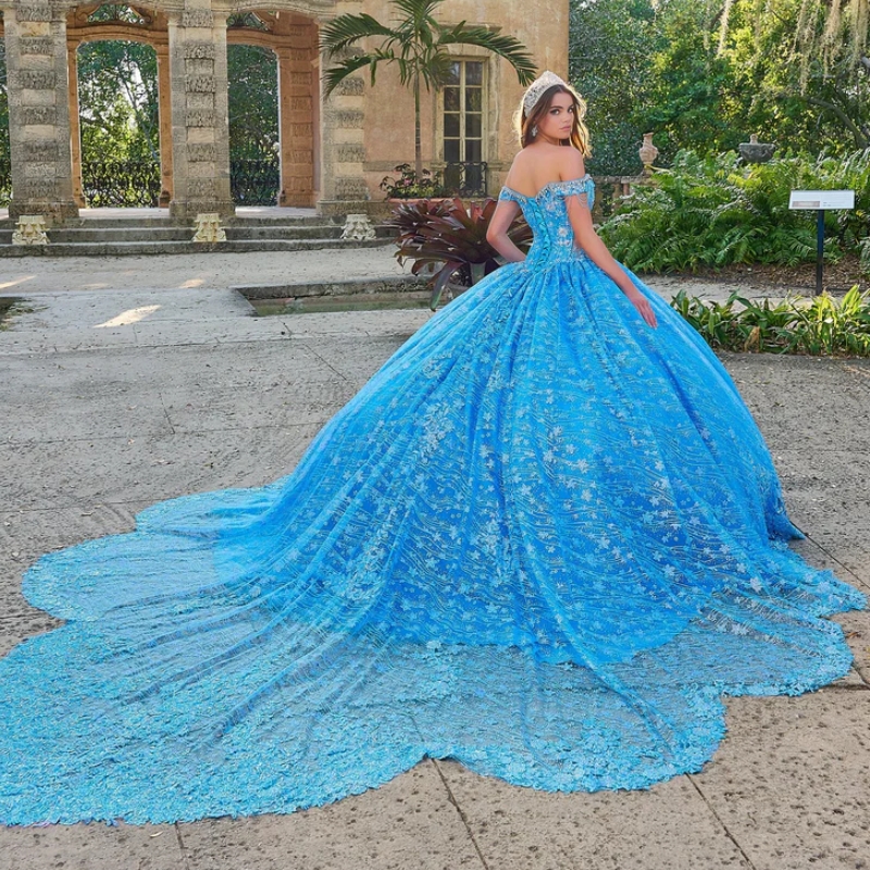 Sky Blue Shiny Ball Gown Quinceanera Dresses Off The Shouler Appliques Lace Flower Beaded Tull Party Gowns Vestidos 15 XV Anos
