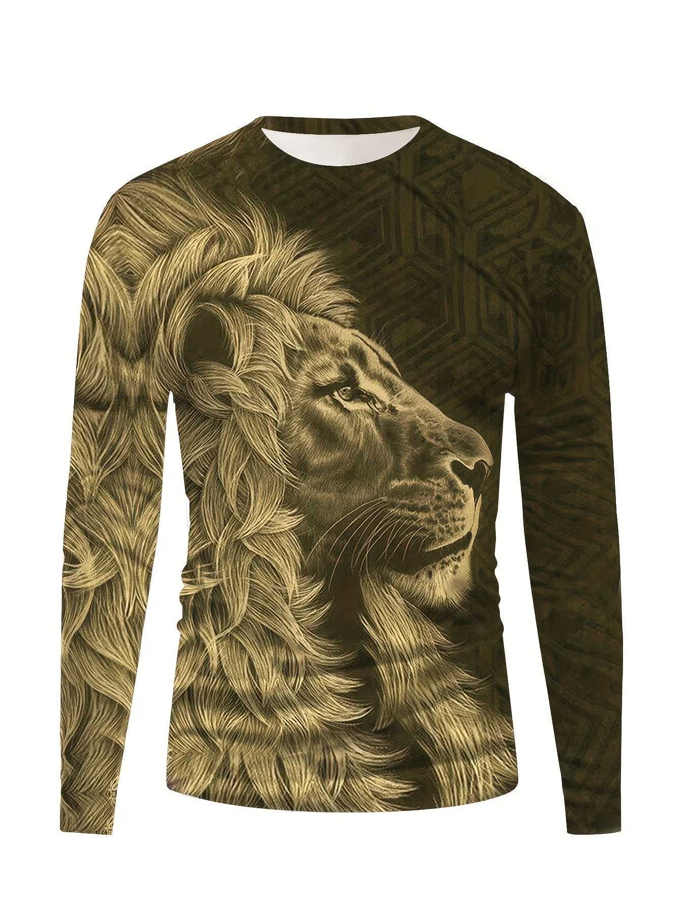 3d Lion Print Long Sleeved Mens T-Shirt Summer Quick Dry Cotton T-Shirt For Men Streetwear Man Clothing Loose Oversized Tee TopM240814
