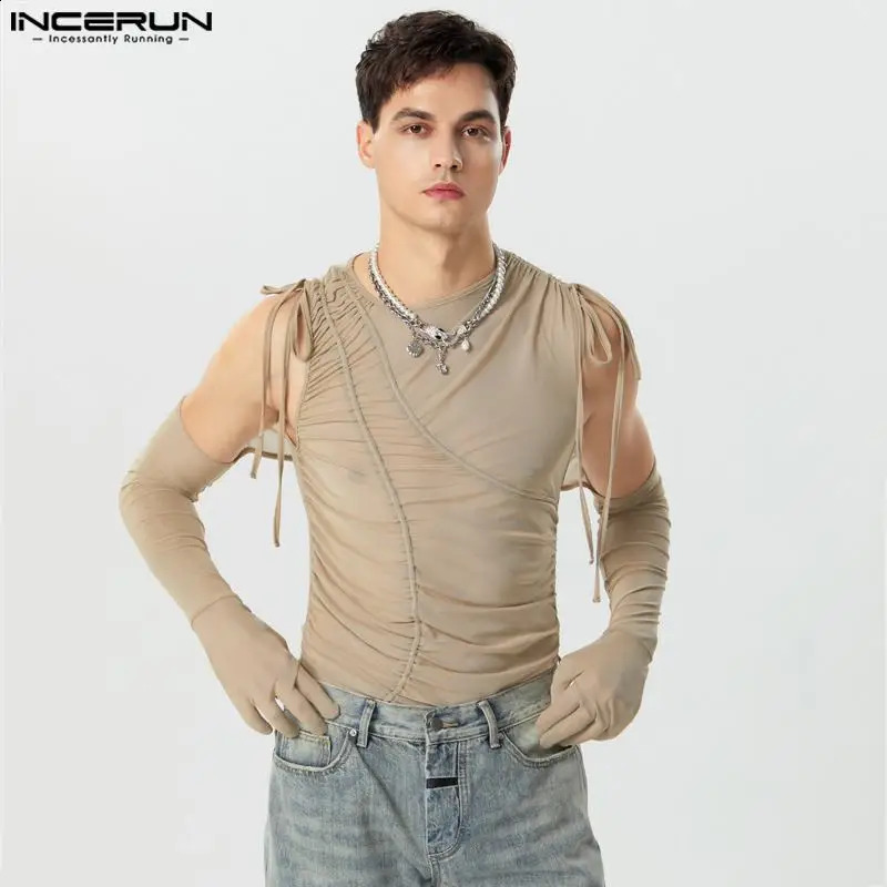 Men T Shirt Mesh Transparent Lace Up Pleated Irregular Tee Tops Streetwear Solid Off Shoulder Long Sleeve Camsietas INCERUN 240814