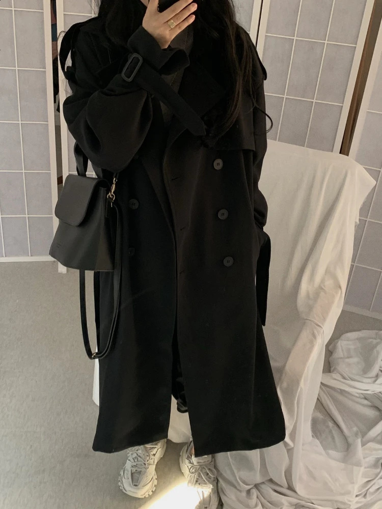 Autumn Coats Woman Winter Solid Color Lapel Double-breasted Oversized Windbreaker Jacket Trench Coat for Women Clothes 240813