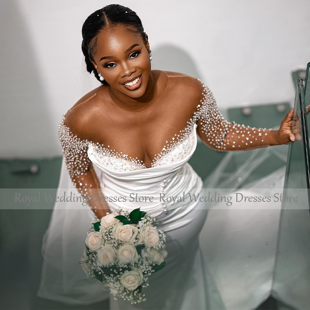 African Luxury Wedding Dress Pearls Long Sleeves White Satin Wedding Gowns for Women 2024 Bride Mermaid Trumpet Bridal Dresses
