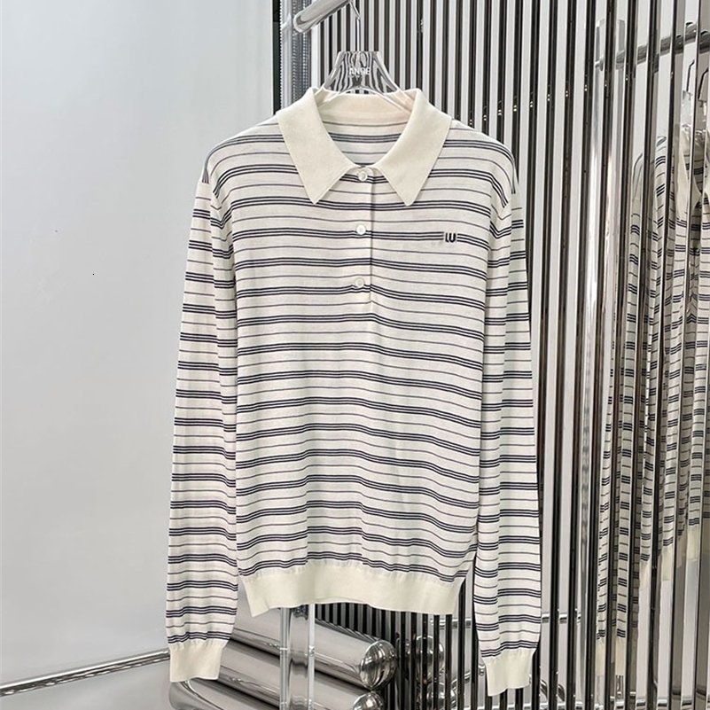 Contrast striped jacquard knitted polo shirt with letter micro label long sleeved T-shirt top 240827