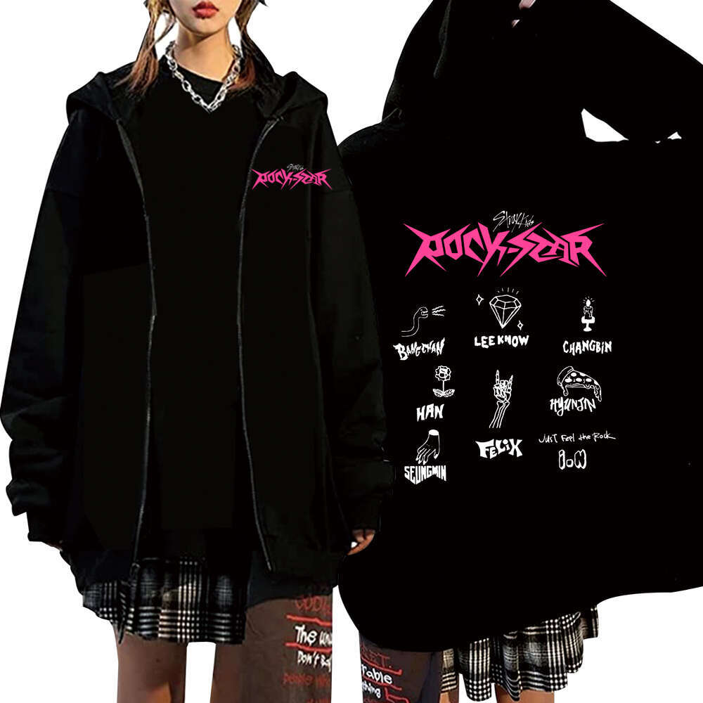 2024 ROCK-STAR Hot Stray Kids Zipper Hoodie StrayKids Hoodies Trendy Sweatshirts Winter Plus Size Warm Woman Zip-up Jacket Coats s