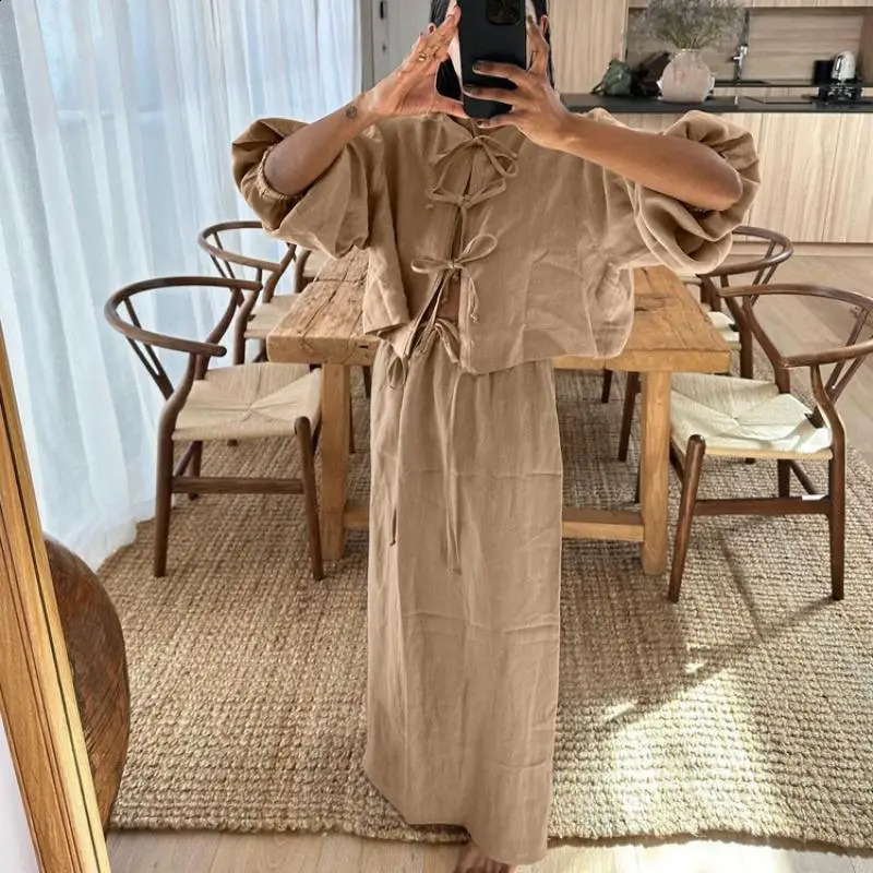 Womens Summer and Autumn Ski Set Puff Sleeves Lace Top Maxi 2piece Casual Retro High Waist Holiday 240809