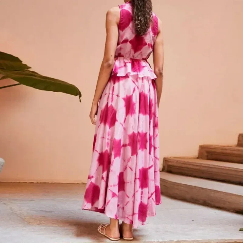 selling printed sleeveless top with lace up vest high waisted leather case Versatile bow tie twopiece set 240809