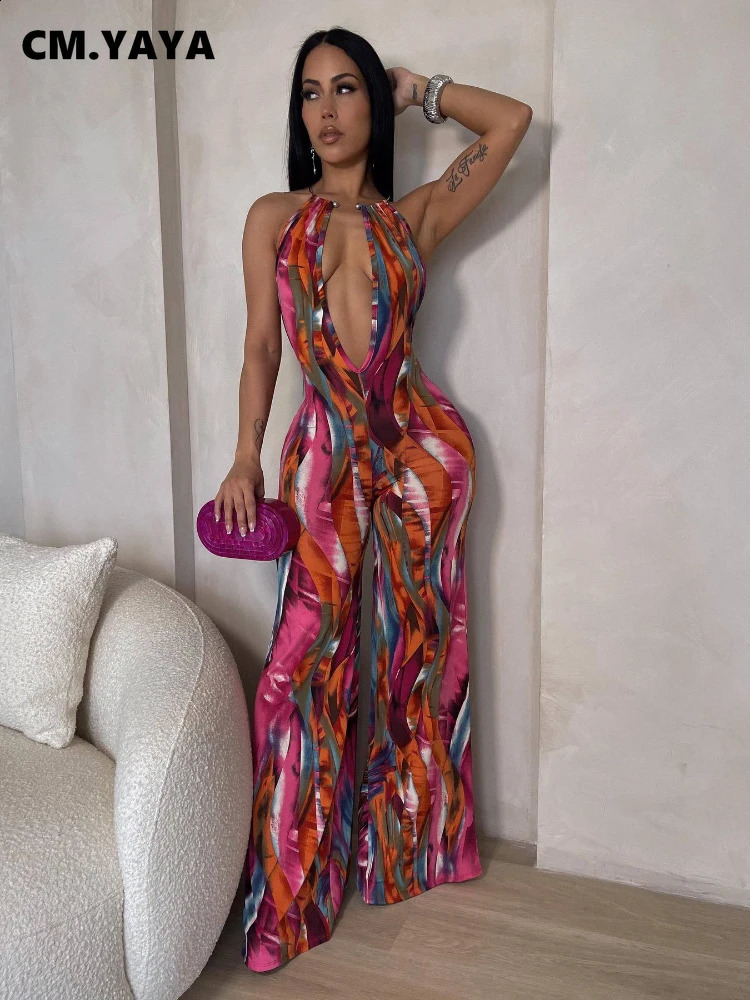 CM.YAYA Women Tie Dye Print Wide Leg Straight V-Neck Sleeveless Jumpsuits 2024 Summer Night Club Playsuit One Piece Suit Romper 240813