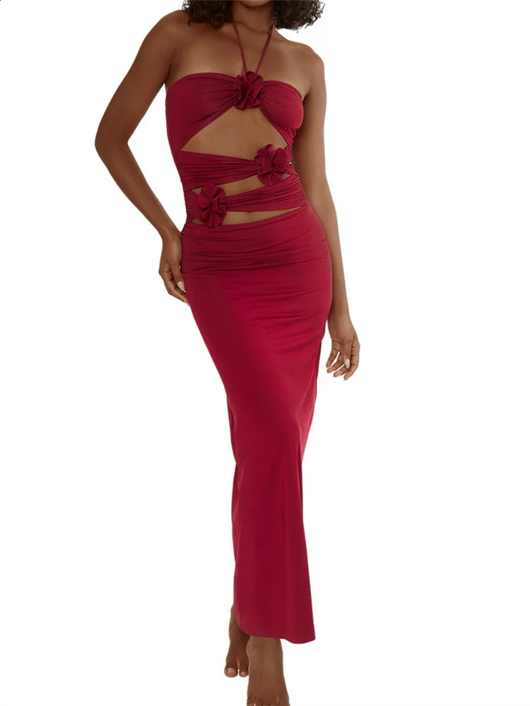CHRONSTYLE Y2K 3D Flowers Fairy Dresses Sexy Hollow Out Slim Long Dress Summer Back Split Beach Party Club Outfits Vestidos 240814