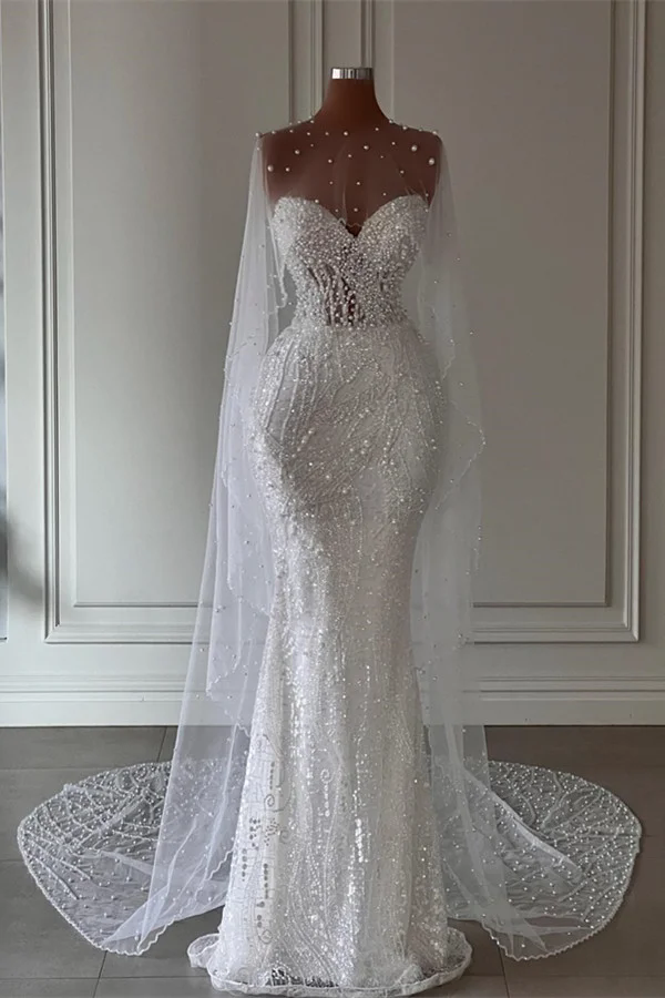 Modern Mermaid Beach Wedding Dresses with Wrap Strapless Lace Sequins Pearls Floor Length Open Back Trumpet Bridal Gown vestidos novia baratos
