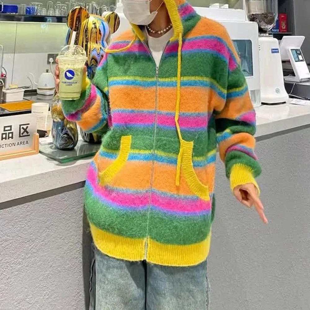 Mens Street Y2k Colorful Striped Knitted Hooded Jacket Autumn Winter Genderless Korean Version Lazy Style Casual Sweater Unisex 240814