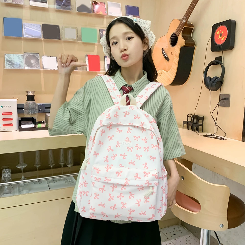 Nylon Backpack for School Bags for Student Cute Schoolbag Bow Printed Women Travel Bag Aesthetic Bookbag Knapsack Rucksack 240813