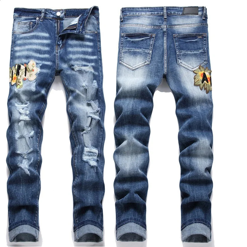 High Street Stretch Embroidered Mens Jeans Ripped Streetwear Punk Style Pants for Man Slim Fashion Small Foot 240813 - view 5