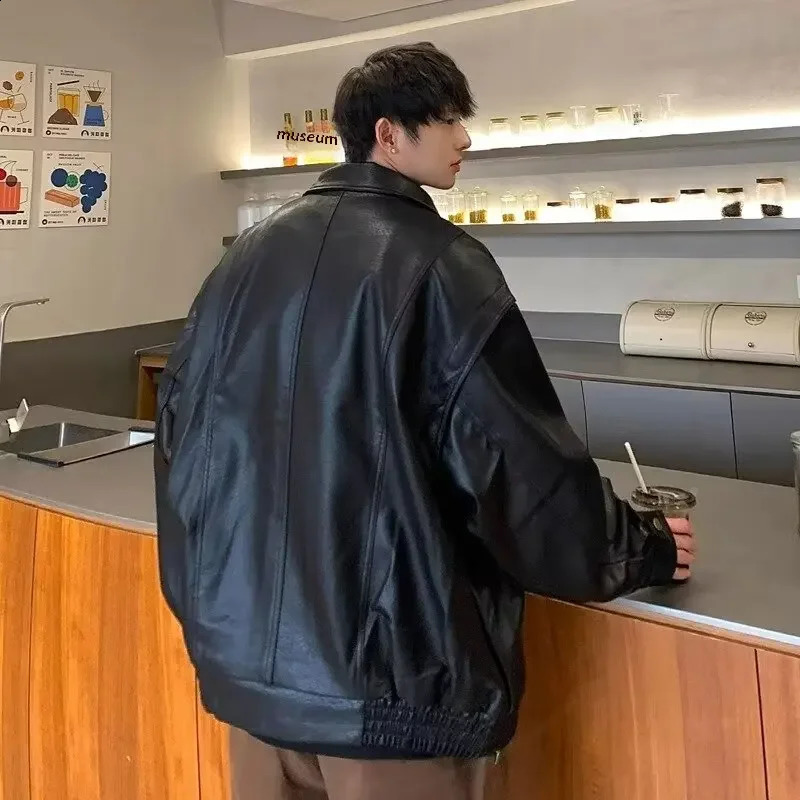 Trendy Black Motorcycle Jacket For Men Casual Stand Collar Leather Biker Riding Gear Lightweight Loose Fit Cropped Jacket 240814