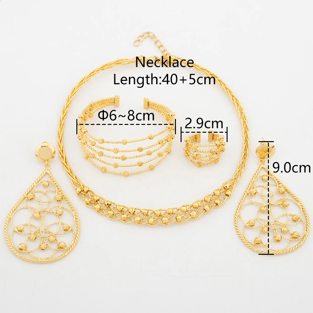 Bohemian Gold Color Pendant Earrings Necklace Bangle Ring Dubai Set Italian Fashion Womens Bride Wedding Party Gift Accessories 240813