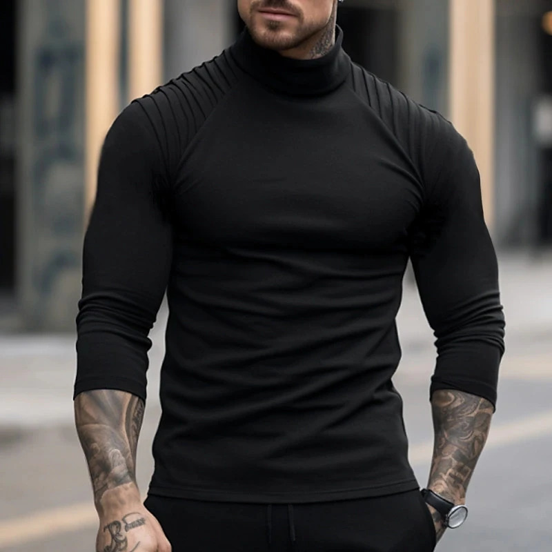 Half High Neck Men Solid Long Sleeve T-Shirts Spring Autumn Male Clothes Tees Versatile Fashion Basic Bottoming Casual Tops 240814