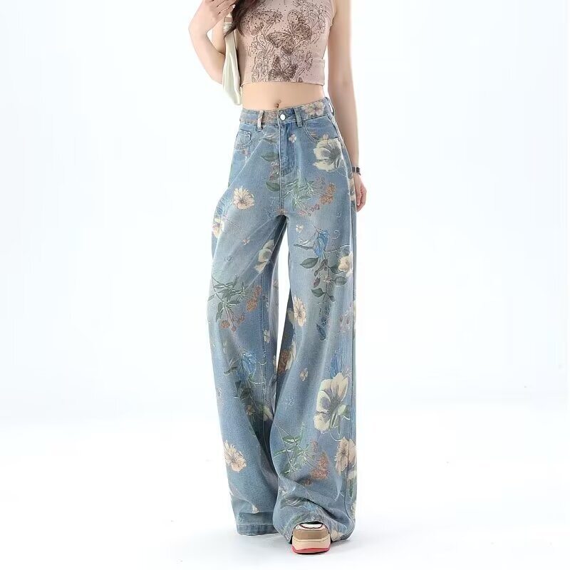 American printed wide women's designer jeans, 2024 summer new high waisted slim fit loose straight leg pants