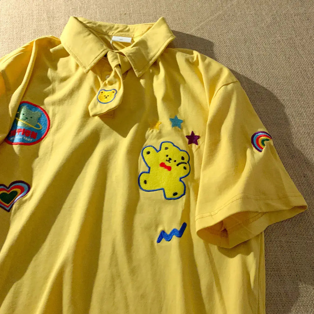 Women Cute Cartoon Bear Appliques POLO Collar T-Shirt Summer Aesthetic Kawaii Harajuku Loose Korean Style Student Blouse Female 240814