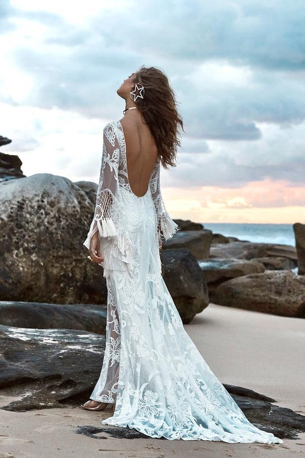 Sexy Applique Mermaid Jewel Backless Transparent Lace Long Sleeve Bridal Gowns Custom Wedding Dresses BC19353