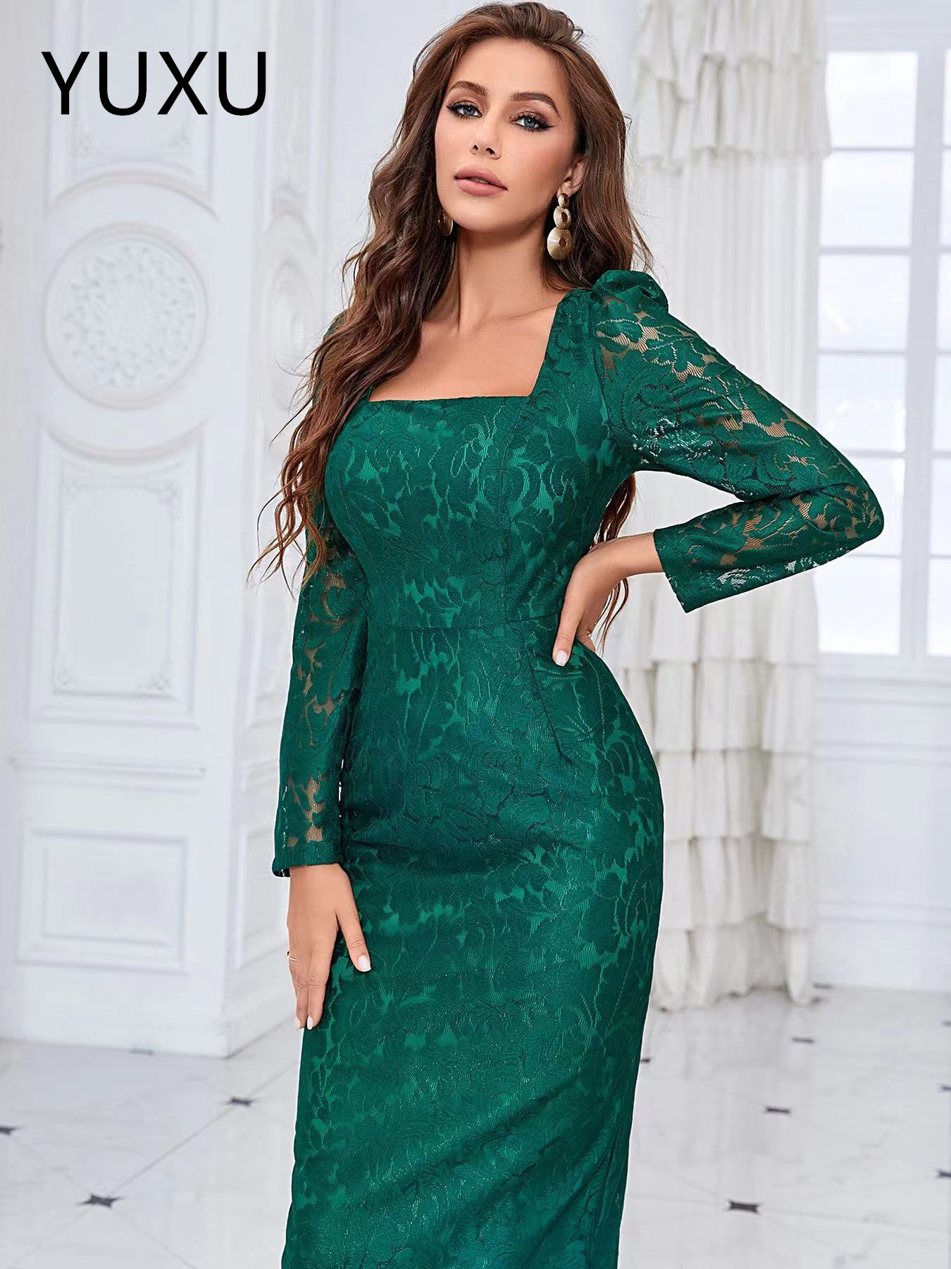 2024 green Lace Beaded Evening Mermaid Prom Dresses Sexy Formal Party Second Reception Gowns Custom plus size Trumpet O Neck Illusion new long sleeves