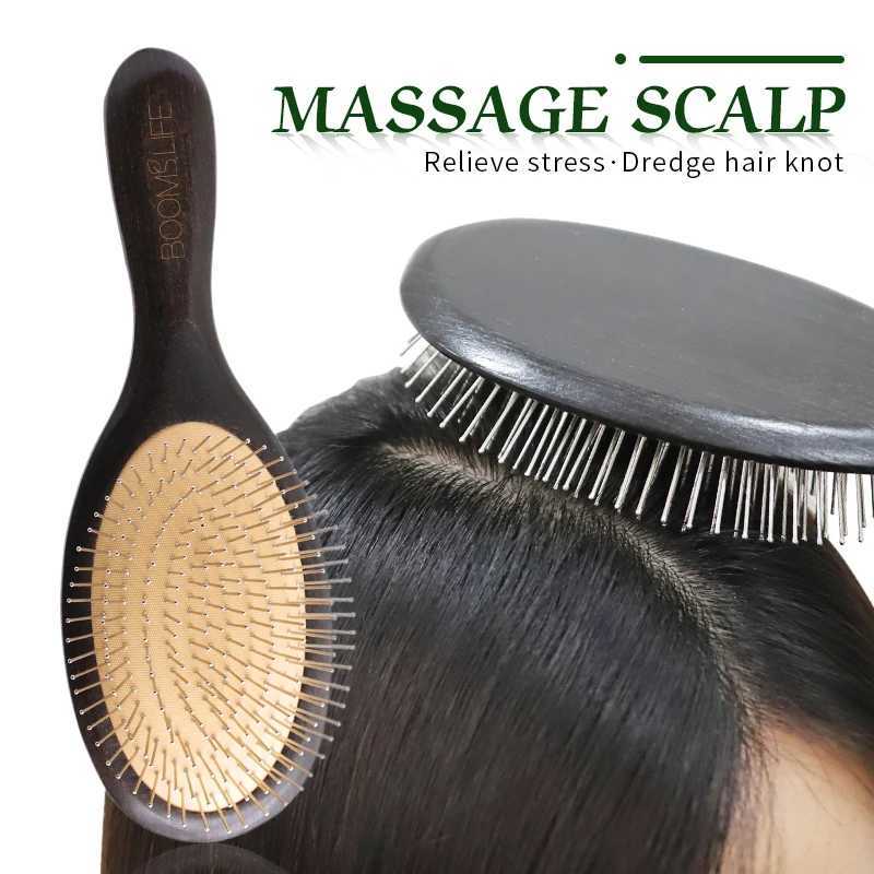 Steel hair brush womens scalp massage pad wooden hair brush metal stainless steel pin shaped comb used for curling hair and hair styling W240813