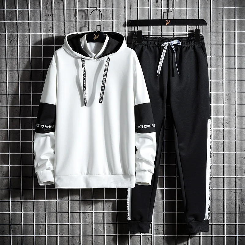 Autumn Winter Loose Casual Printed Hoodies Pants Set Men Add Velvet Patchwork Fashion All-match Hooded Top Sweatpants Suit 240813