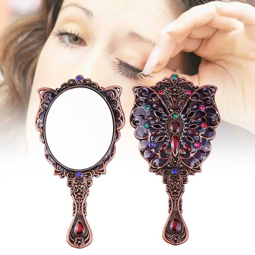 Retro Small Mirror with Metal Handle Retro Peacock Open Screen Makeup Mirror Comb Set Portable Handheld W240813