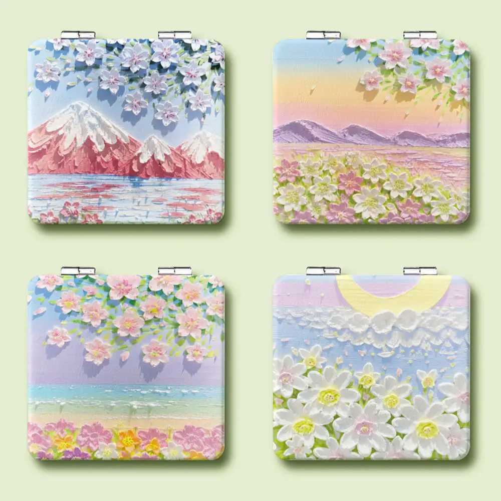 Rose pattern square folding makeup mirror portable double-sided pocket compact makeup mirror handheld magnifying glass makeup tool W240813