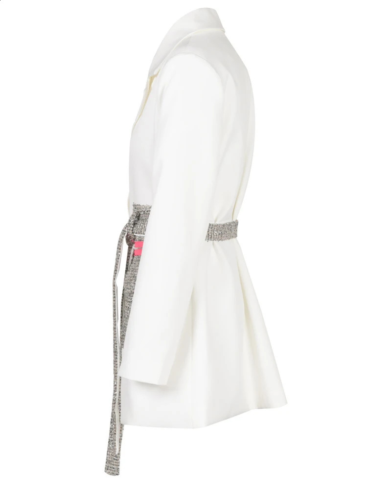 EAM Women White Tweed Pocket Belted Blazer Lapel Long Sleeve Loose Fit Jacket Fashion Spring Autumn 1DE989100 240813