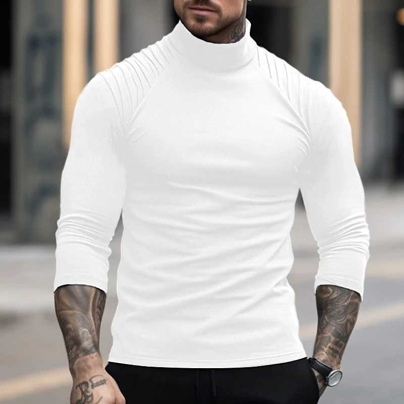 Spring and Autumn Mens High Neck T-shirt Slim Fit Fashion High Elastic Long Sleeve Cotton Casual Breathable Apparel S-3XLM240814