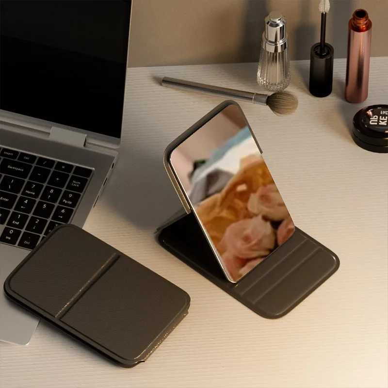 Desktop makeup mirror solid color PU leather simple portable handheld makeup mirror foldable student compact cute pocket mirror W240813