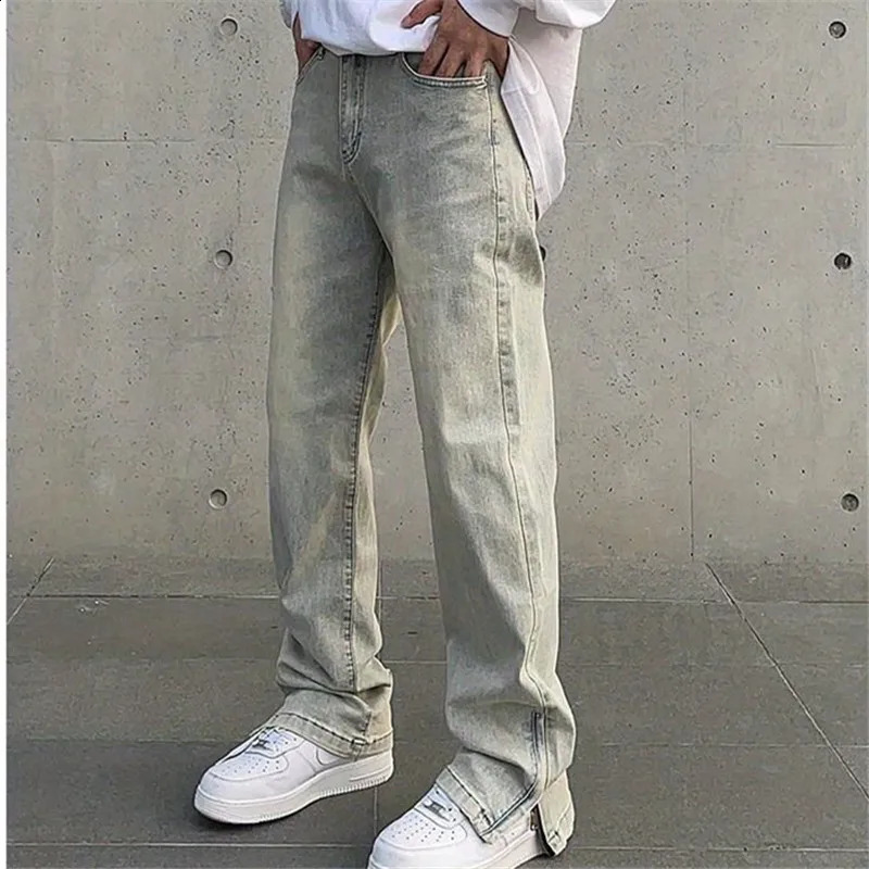 Jeans Mens Y2K Vintage Straight Leg Pants Solid Color Button Pocket Split Zipper Loose Trousers Spring Summer Male Clothing 035 240814