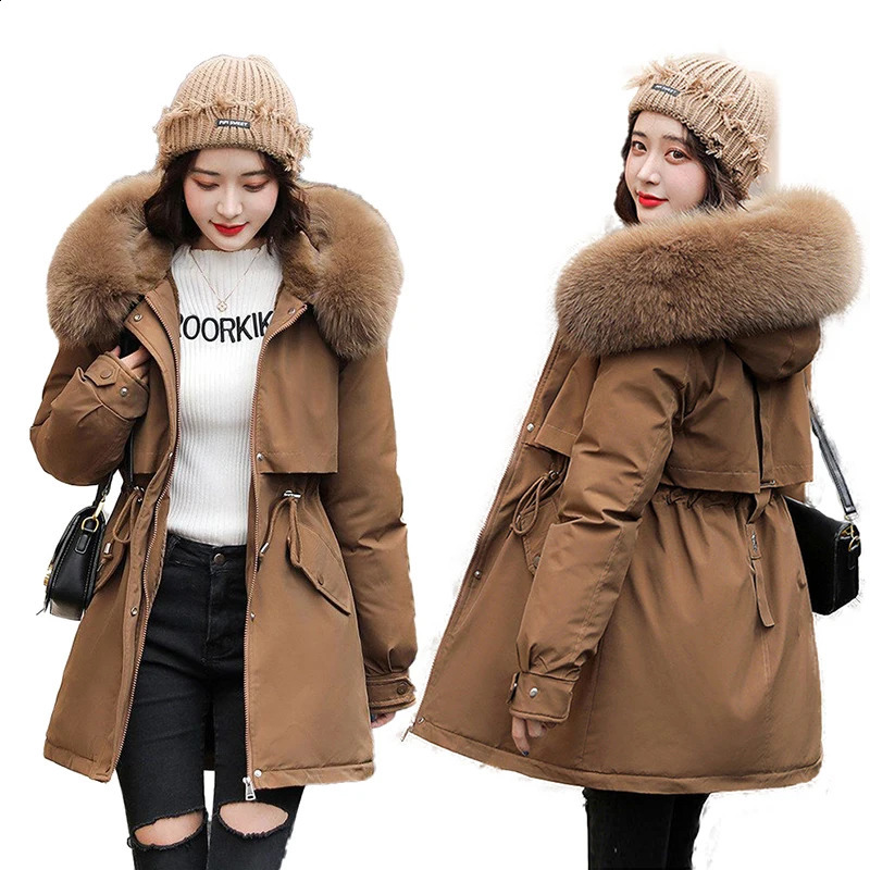 Women Parka Fashion Long Coat Plush Lining Hooded Parkas Winter Jacket Slim With Fur Collar Warm Snow Wear Padded Clothes 240813