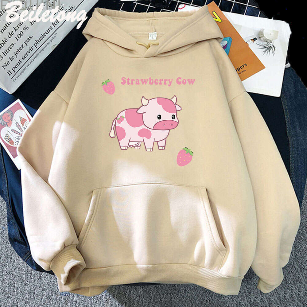 And Cow Strawberry Kawaii Women Hoodies Casual Pullover Plus Size Sweatshirt Autumn Winter Warm Girl Streetwear Clothes Tops
