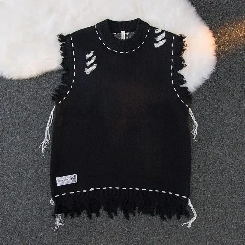 Knitted Sweaters for Men Hippie Sleeveless Man Clothes Vest Torn Icon Waistcoat with Holes Classic Over Fit Knit Aesthetic Meme 250407