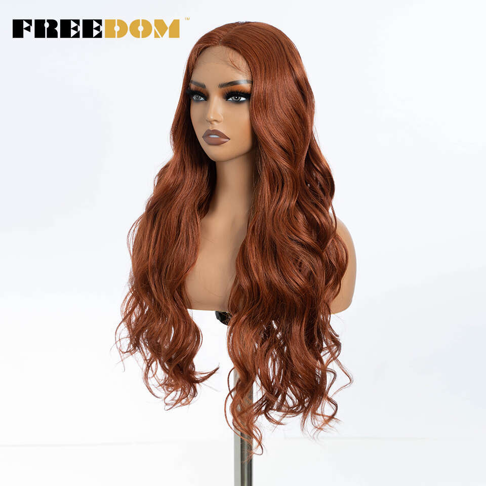FREEDOM Synthetic Front Wigs For Women 30" Body Wavy Long T Part Lace Ombre Blonde Ginger Blue Cosplay Wig