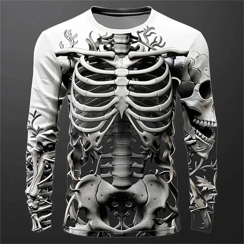 3D Print Skeleton Skulls Pattern T Shirts Men Long Sleeve Casual Fashion T-shirt Top Sweatshirt Breathable Streetwear Loose Tees 240814