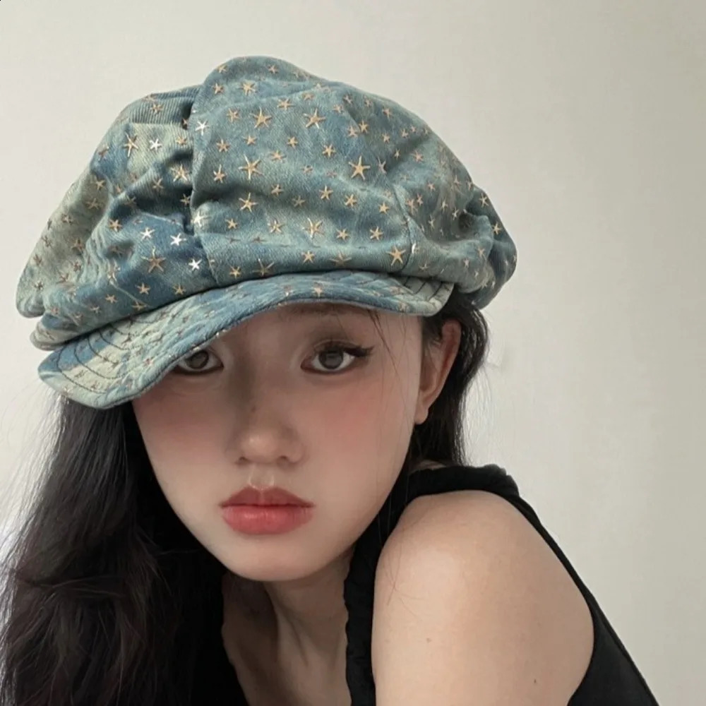 Simple Y2K Vintage Cloud Hat Cool Sweet Star Berets Cap Rough Edge Korean Style sboy Cap School 240805