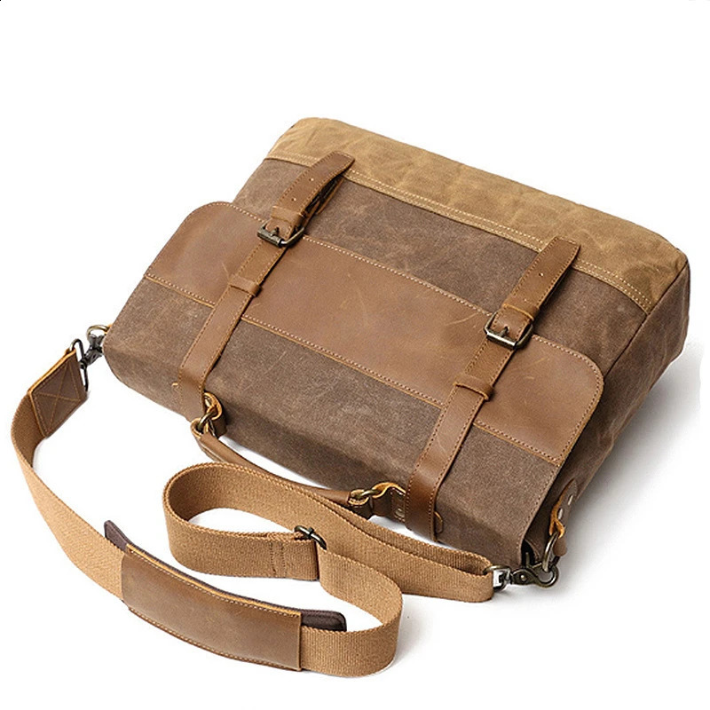 Genuine Leather Men Canvas Briefcase Casual Shoulder Crossbody Bag Laptop Handbags For Male Vintage Travel Messenger Tote JYE270 240813