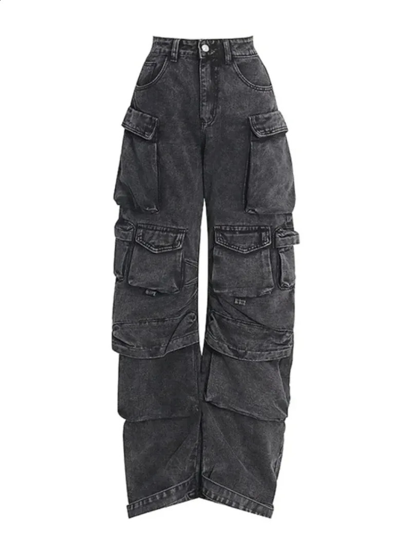 Y2K Multi-Pocket Solid Color Loose Jeans Womens High Street Retro Hip Hop Wide-leg Pants Casual Straight High-Waisted Jeans 240813
