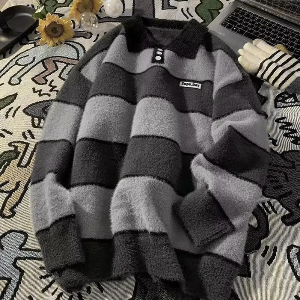 Mens sweater collar n winter warm knit top loose fit striped print lazy style for couples autumn knit pull-out 240829