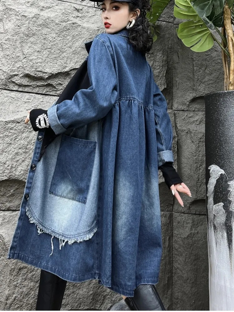 Oversized Denim Autumn Midi Trench Coat Women Fringe Fashion Patchwork Pleated Ladies Windbreaks Casual Loose Woman Trench 240813