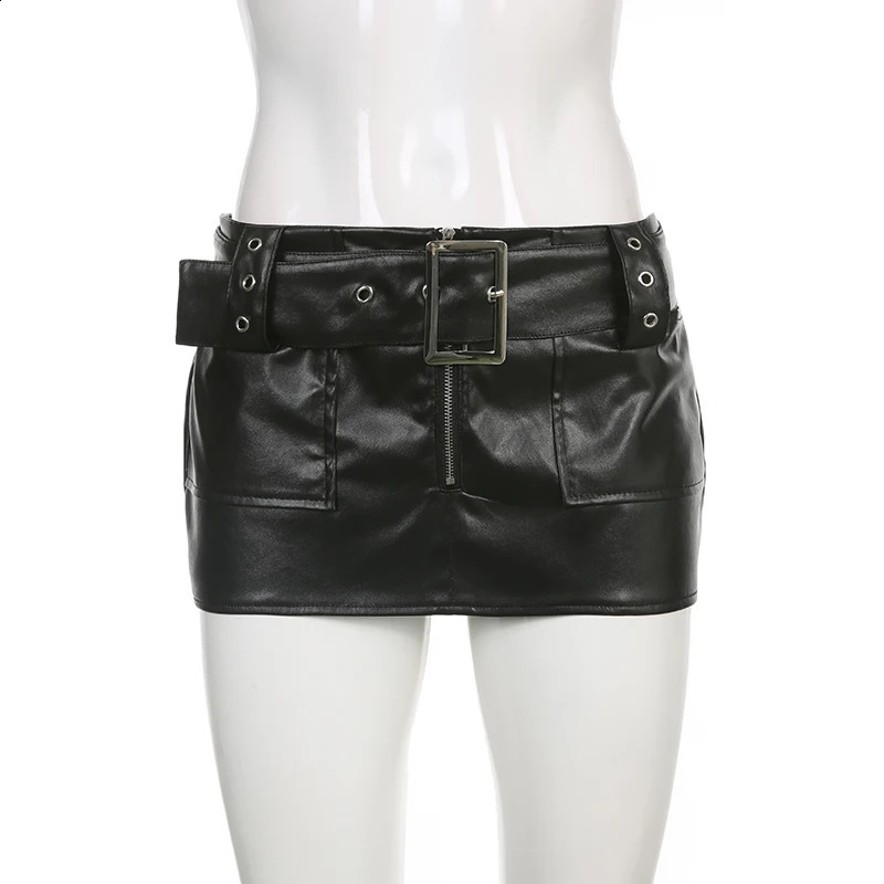 CIBBAR Sexy Super Short Leather Skirt Punk Style PU Wide Belt Patchwork Low Rise Mini Skirts for Women Gothic y2k Aesthetic Chic 240813