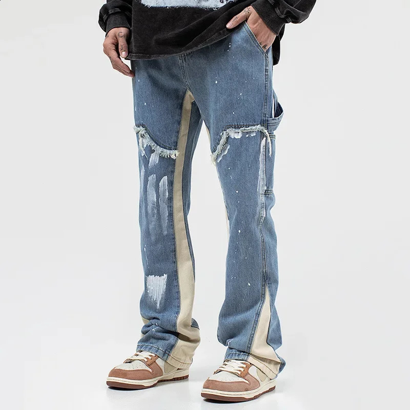 Fashionable American washed denim slim smooth silhouette cargo pants mens hip-hop style sparkling bottom240813