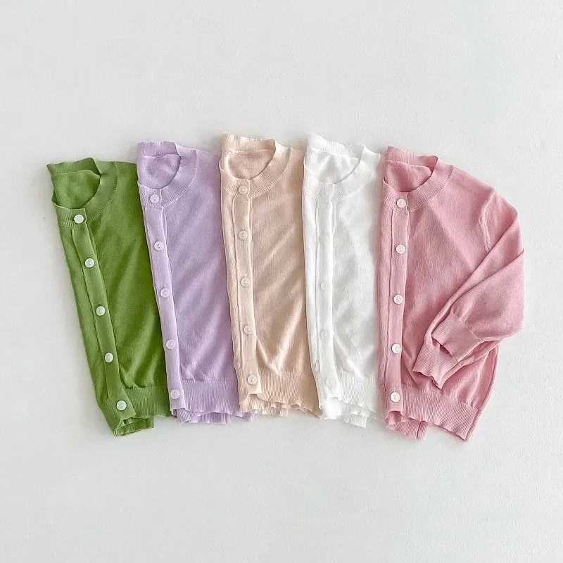 2024 Summer New Baby Long Sleeve Cotton Open Knitted Woolen Sweater Thin Breathable Baby Girls Knitted Sunscreen Jacket Boys Solid Top W240813
