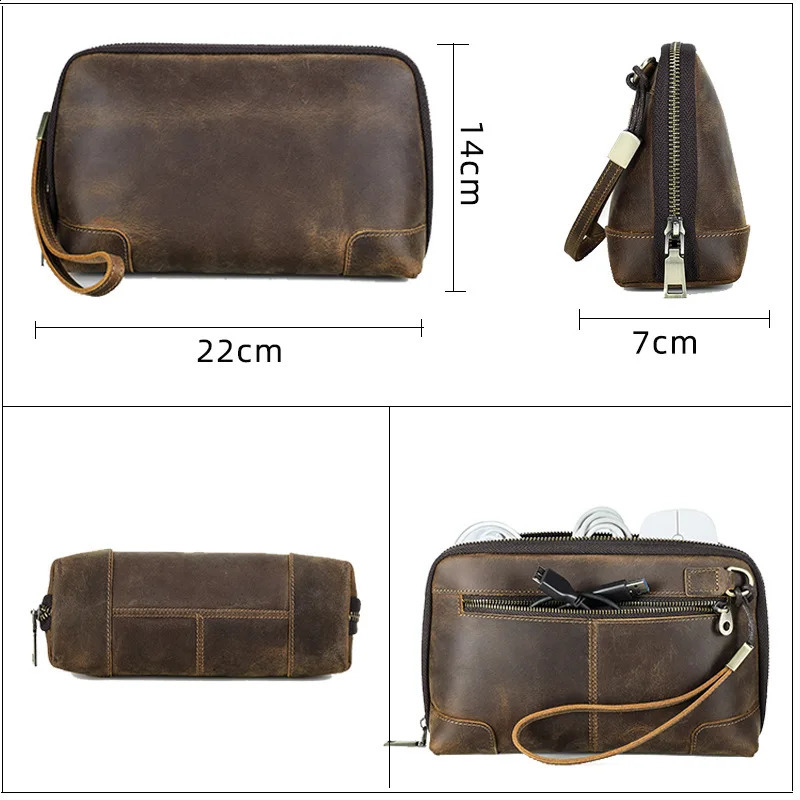 Retro mens leather clutch bag brown cowhide leather storage bag travel toilet kit washing bag mens leather handbag 240812