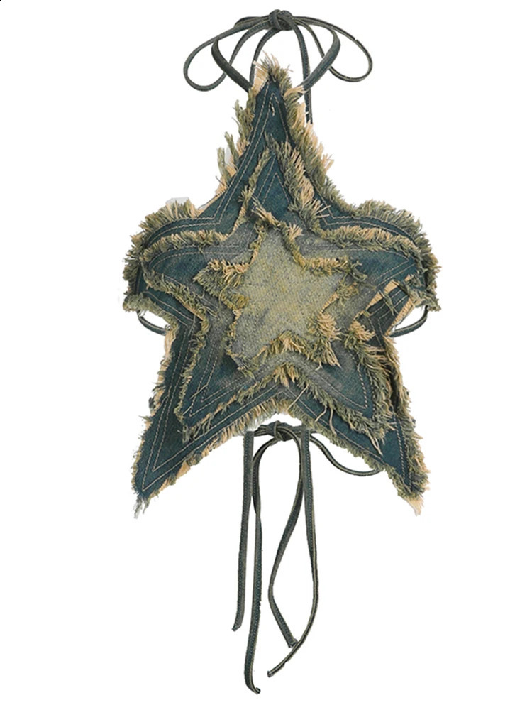 Weekeep Distressed Star-shaped Crop Top Stitched Y2k Grunge Tie-up Backless Corset Tops Women Summer Streetwear Denim Shirts 90s 240814