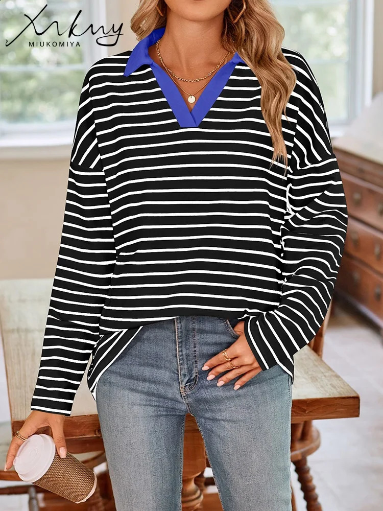 Autumn oversized polo striped womens sportswear casual loose long sleeved T-shirt striped floral womens bag style sportswear 240827